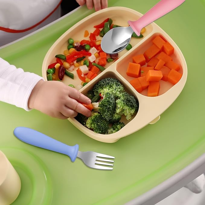 Pimoys 6 Pieces Toddler Utensils Forks and Spoons,Kids Silverware Set with Plastic Handle Stainless Steel Toddler Silverware,Dishwasher Safe