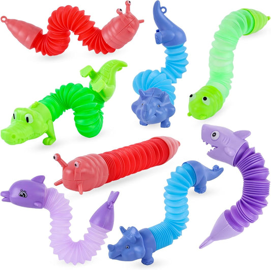 Shindel 8PCS Pop Tubes, Stress Relief Pop Tubes Mini Sensory Fidget Toys Dinosaurs Dolphins for Autism Kids Stocking Stuffers Classroom Treasure Box Prizes Goodie Bag Stuffers