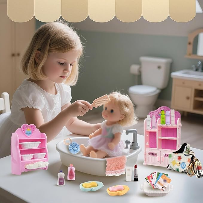 74Pcs Dollhouse Acessories Furniture Mini Cabinet with Drawers Case Handbag Towel Cosmetic Set Bathroom Toothbrush Shampoo Hair Dryer Comb Purse Decor DIY Doll Backpack Girl Micro Scene Makeup