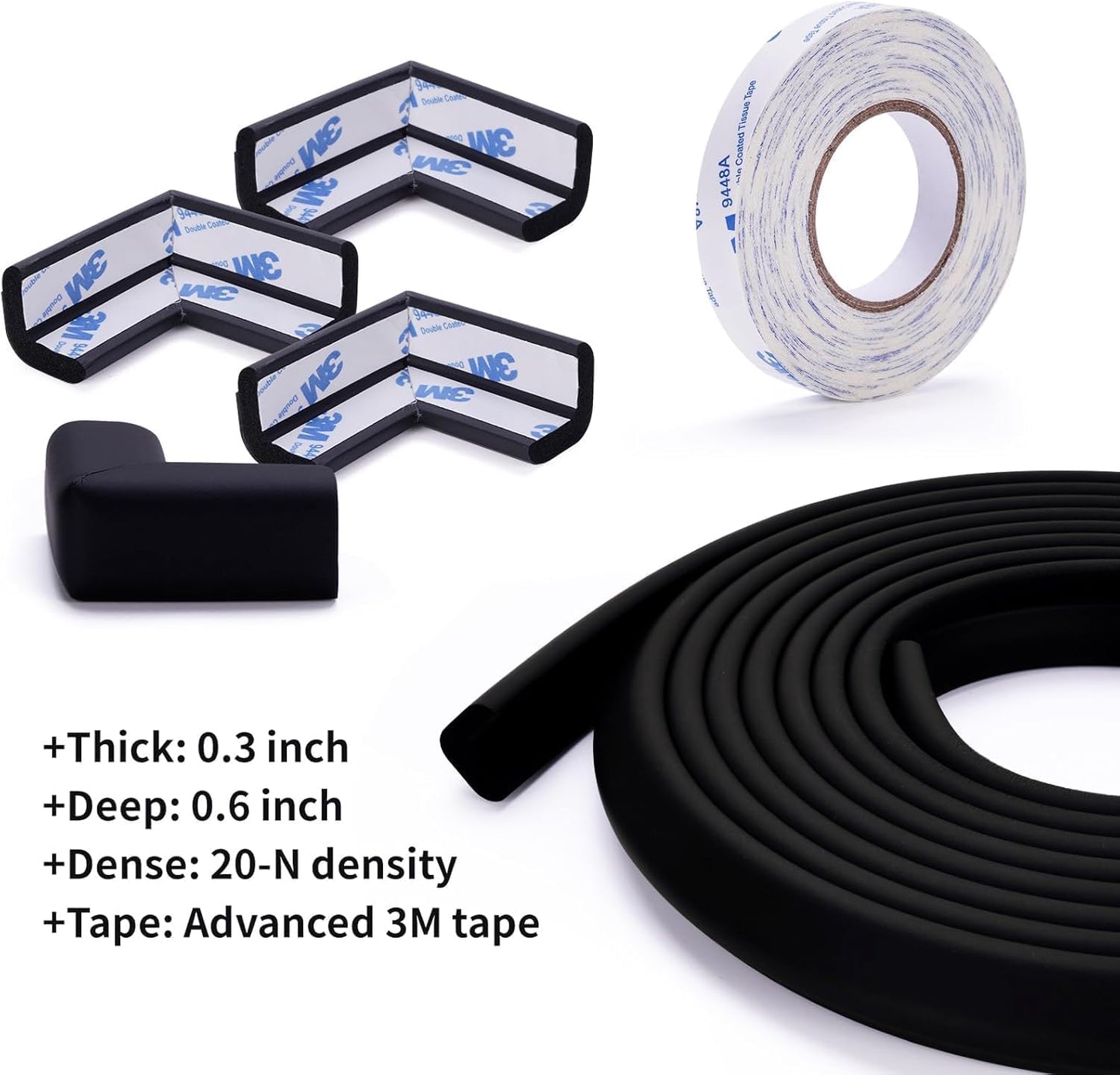 Baby Proofing Edge and Corner Guards, 2 Pack Safety Furniture Bumper with 3M Double-Sided Tape, Child Corner Protector for Fireplace, Table, Stair, Cabinet (Black)