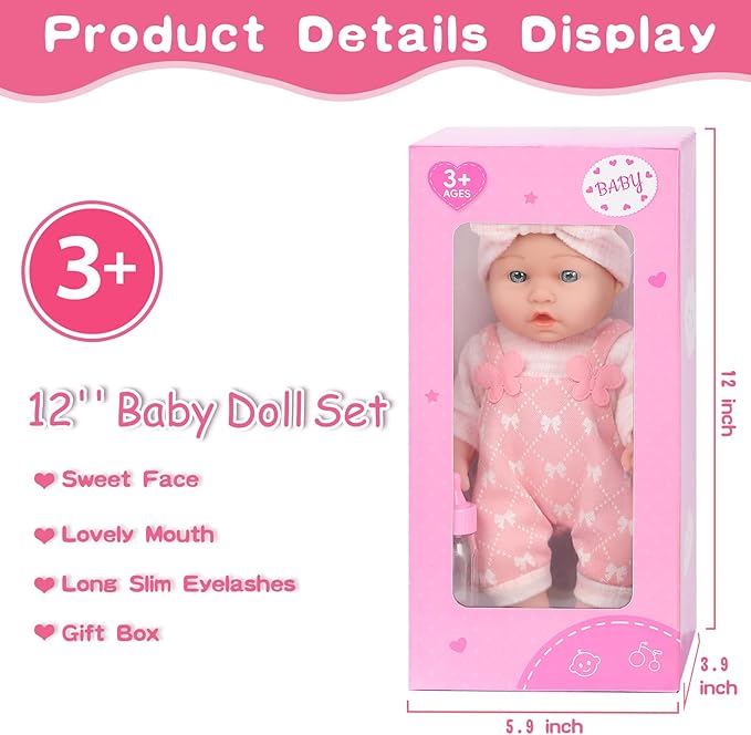 12" Baby Doll with Clothes and Accessories Set in Gift Box,12 Inch Baby Care Game Playset with Pacifier Feeding Bottle First Baby Dolls Toy Stuff Gift Idea for Toddler Girl Age 3+