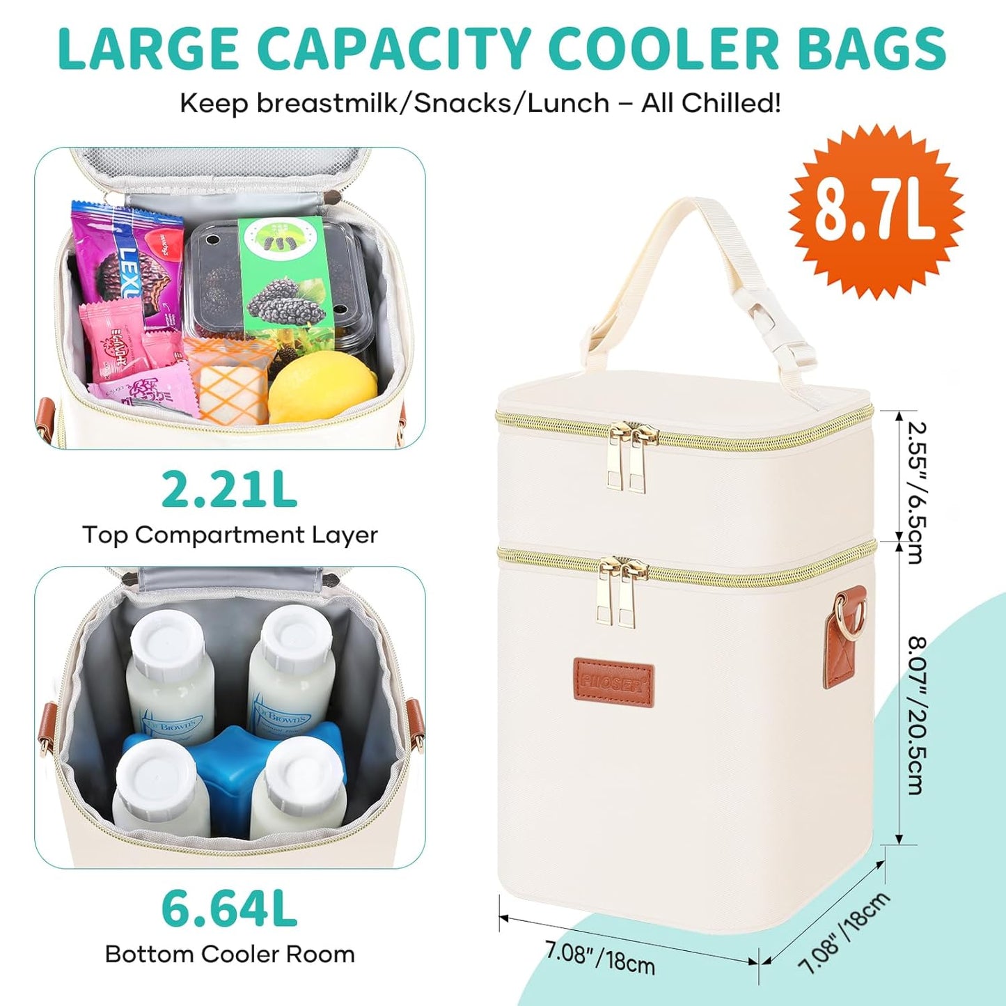 PIIOSER Baby Bottle Tote Bag with Ice Pack, Fits 4 Baby Bottles Up to 9 Ounce, Small Insulated Breastmilk Cooler Travel Bag with Shoulder Strap for Nursing & Working Mom Daycare (Cream-S)