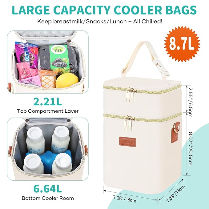 PIIOSER Baby Bottle Tote Bag with Ice Pack, Fits 4 Baby Bottles Up to 9 Ounce, Small Insulated Breastmilk Cooler Travel Bag with Shoulder Strap for Nursing & Working Mom Daycare (Cream-S)