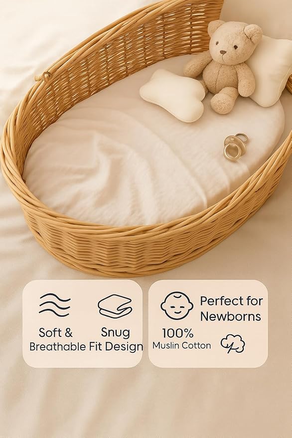 Baby Bassinet Sheets 33x17 Inches, Muslin Fabric Pack of 2 Beige Organic Bassinet Sheets Girl/Boy, Soft Breathable Fitted Bassinet Mattress Sheets, No Shrinking or Loose Corners, Safe & Cozy