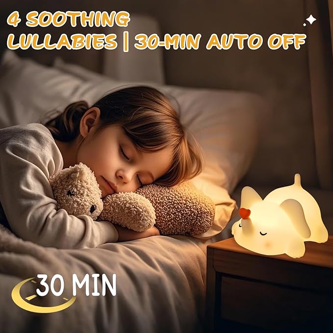 Elephant Night Light for Kids with Music - Squishy Silicone Nursery Lamp, Cute Animal Light 3-Level Dimmable & Rechargeable for Baby Bedroom