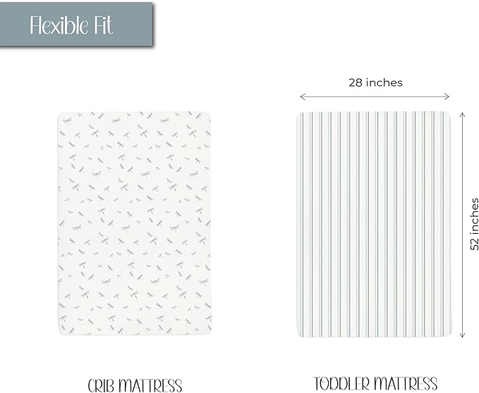 Ely’s & Co. Crib Sheets, Baby Boy Fitted Crib Mattress Sheet Set, 2 Pack, 100% Jersey Knit Cotton, Infant and Toddler Nursery Bedding, 28” x 52” Dragonflies + Stripes Collection