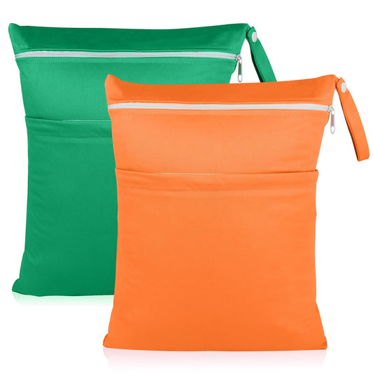 Angel Love 2 Pack Baby Cloth Diaper Wet/Dry Bags with Two Zippered Pockets, Travel, Beach, Pool, Gym Bag for Swimsuits or Wet Clothes, Waterproof Washable Reusable, P0204