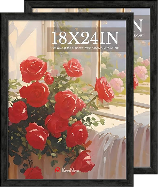 18x24 Poster Frame 2 Pack, Black Solid Wood Picture Frame with Polished Plexiglass, Wall Hanging