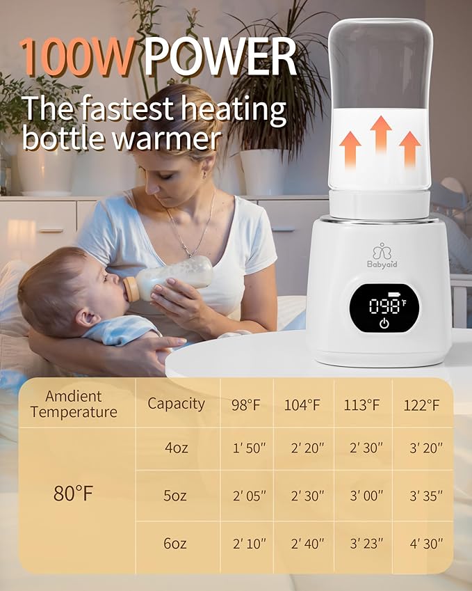 Portable Bottle Warmer, 100W Fast Heating, 13500mAh Cordless Baby Bottle Warmer with 4 Adapters & Temp Control, Travel Warmer for Breastmilk & Formula, Snow White