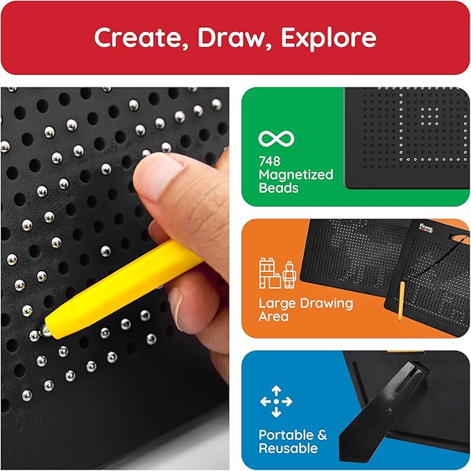 PicassoTiles Magnetic Drawing Board 748 Beads Pad Large 12x10 Inch STEM Writing Toy Reusable Erasable Educational Tablet for Toddlers Kids Age 3 Plus Magnet Learning Tool Brain Development PTB01BLK