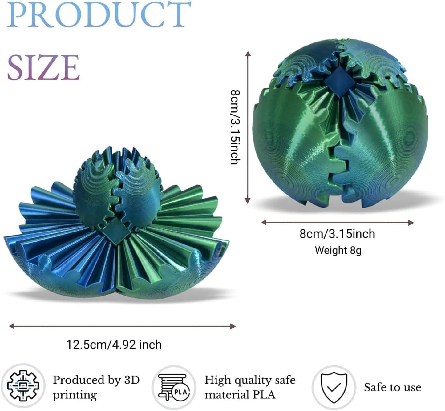 Gear Ball, Gear Sphere 3D Printed Gear Ball Fidget Toy Spin Ball, GearSphere Desk Toy, Stress Ball, Fidget Ball, Gear Toy for Stress and Anxiety Relaxing (Laser Yellow Blue)