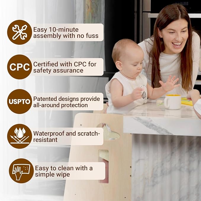 COSYLAND Height Adjustable Toddler Standing Tower - Super Stable Toddler Kitchen Stool Helper with Wooden Barrier - No Falling or Tipping Over (Natural)