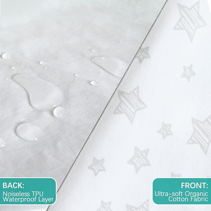 Waterproof Crib Mattress Protector 2 Pack, 100% Organic Cotton Crib Mattress Sheet, Fitted Crib Sheet, Ultra Soft & Breathable Toddler Bed Sheets for Boys and Girls, White & Grey Star Print