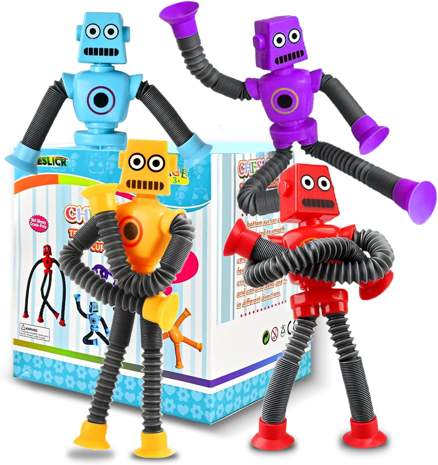 Autism Sensory Toys for Kid Boys Year Old Ages 4 5 6 7 8 9 10(4PCS), Suction Robot Toy Pop Tube Fidget Toys Autistic Travel Toys Valentine's Day Gift Easter Basket Stocking Stuffer for Kids