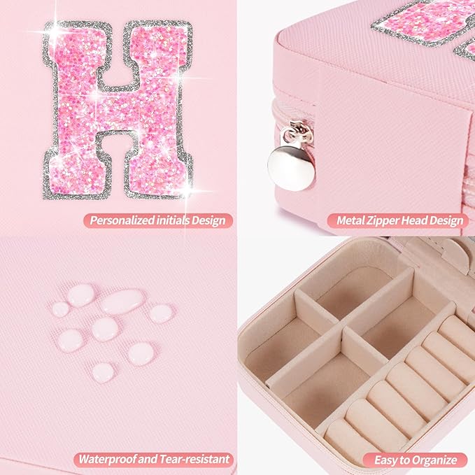 Monogrammed Gifts for Women - Jewelry Case for Women Trendy Jewelry Box Fashion Cute Jewelry Organizers and Storage Aesthetic,Travel Essentials Birthday Gifts for Girls Women | Pink,H