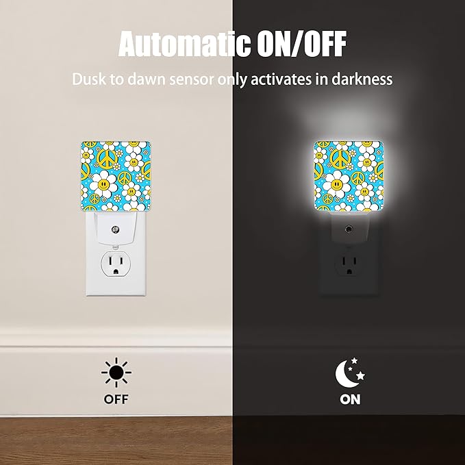 Hippie Flower Night Light, Cartoon Smile Daisy Night Lights Plug into Wall Decor for Bedroom, Bathroom, Hallway,Kitchen,Dusk to Dawn Sensor Nightlights for Women Room Gifts