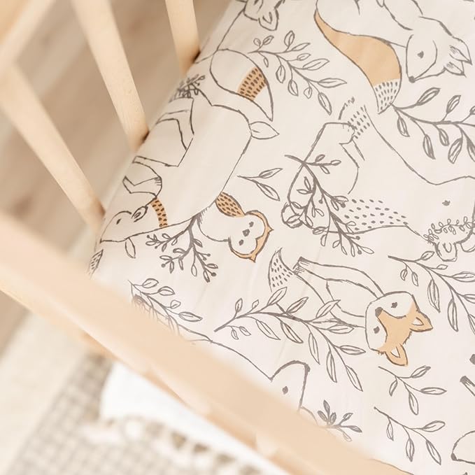 Crane Baby 100% Cotton Sateen Fitted Baby Sheets, Breathable, Fits 28X52 Standard Mattress, Gender Neutral Bedding, Woodland Animal Crib Sheet