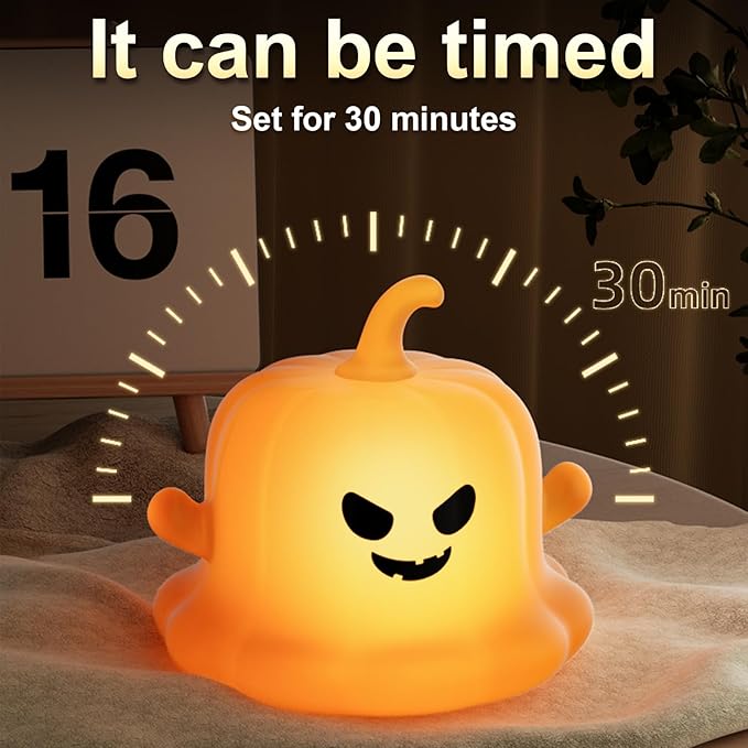 Dealswin Pumpkin Night Light for Kids, Halloween Decor Cute Silicone LED Lamp with Magnetic Base, 3 Brightness Levels & Timer Nursery Nightlight Rechargeable Bedside Touch Lamp for Breastfeeding