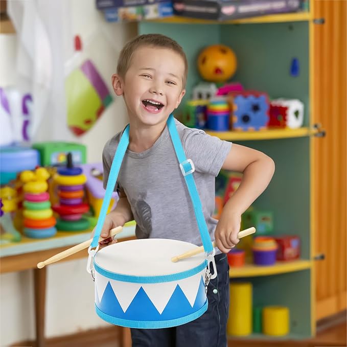 Kids Drum Set, 8 Inch Wooden Drum Toys with an Adjustable Strap, 2 Drumsticks, Educational Musical Sensory Percussion Musical Instrument Toy for Toddlers Kids Baby