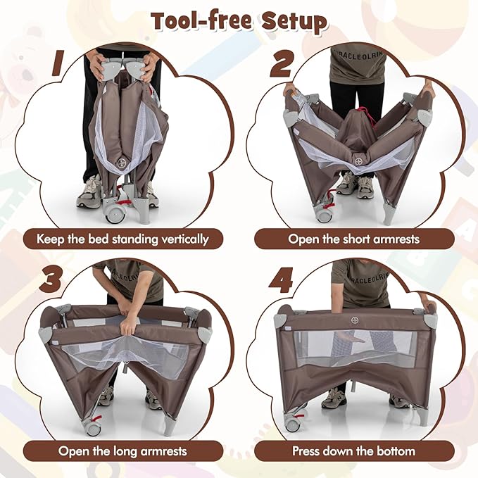 HONEY JOY Pack and Play with Bassinet, 5-in-1 Baby Bedside Sleeper w/Diaper Changing Table & Storage Bag, Toy Arch & Music Box, Detachable Side Rail, Portable Baby Play Yard w/Carry Bag(Coffee)