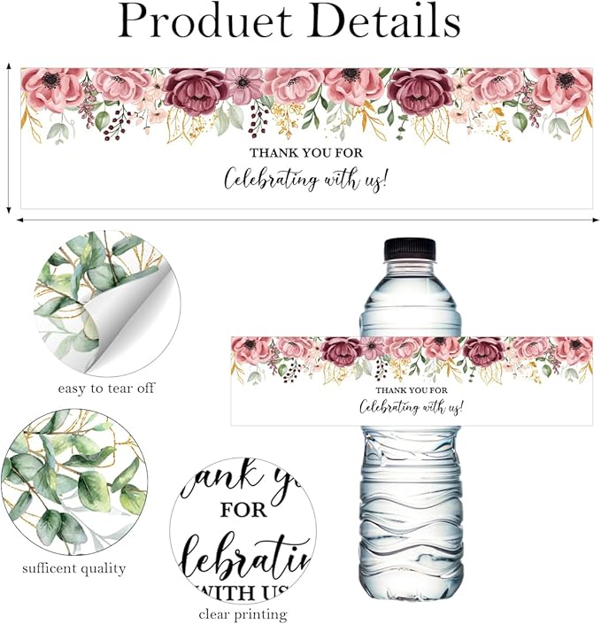100PCS Wedding Water Bottle Labels Waterproof Greenery Floral Wraps Sticker for Water Bottle Baby Shower Bottle Label for Bridal Shower Party Thanks A14