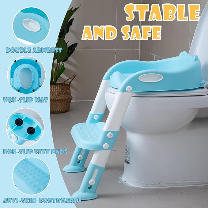 Potty Training Toilet Chair Seat with Step Stool Ladder for Kids and Toddler Boys Girls - Foldable Height Adjustable Children Toilet Training Seat with Safe Handles & Anti-Slip Pads, Blue-White