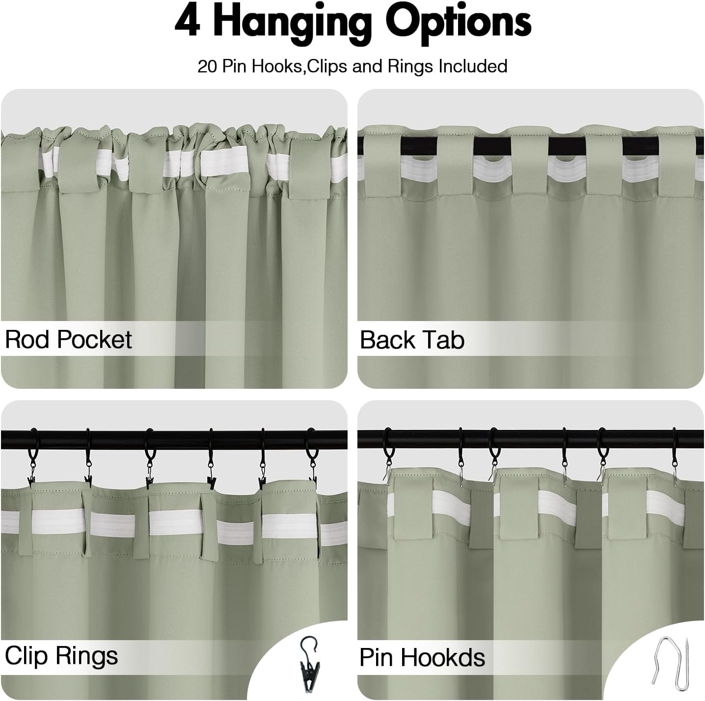 ANRODUO Back Tab Blackout Curtains for Bedroom Living Room, Rod Pocket Pinch Pleated Thermal Insulated Room Darkening Curtains 92 Inches Long 2 Panels, Sage Green, 42 x 92 Inch