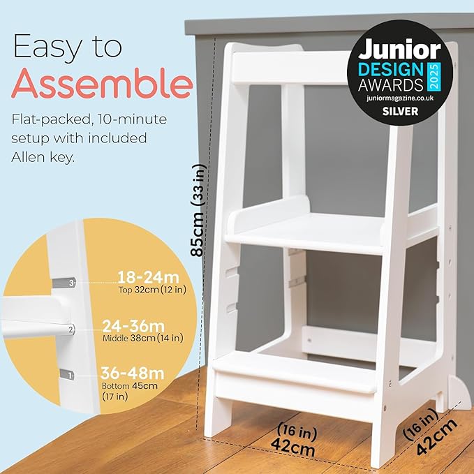 Stepup Baby Toddler Step Stool - Adjustable Height Kids Helper Step Stool, Durable, Non-Slip & Bathroom Sink, Platform for Kitchen, Toddler Tower for Exploration and Growth - White