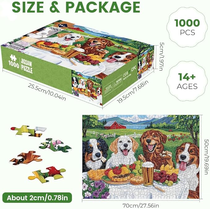 1000 Piece Puzzle for Adults Picnic Puppy Jigsaw Puzzles 1000 Pieces Reusable, Puzzles Fit for Family, Parents and Friends Gatherings