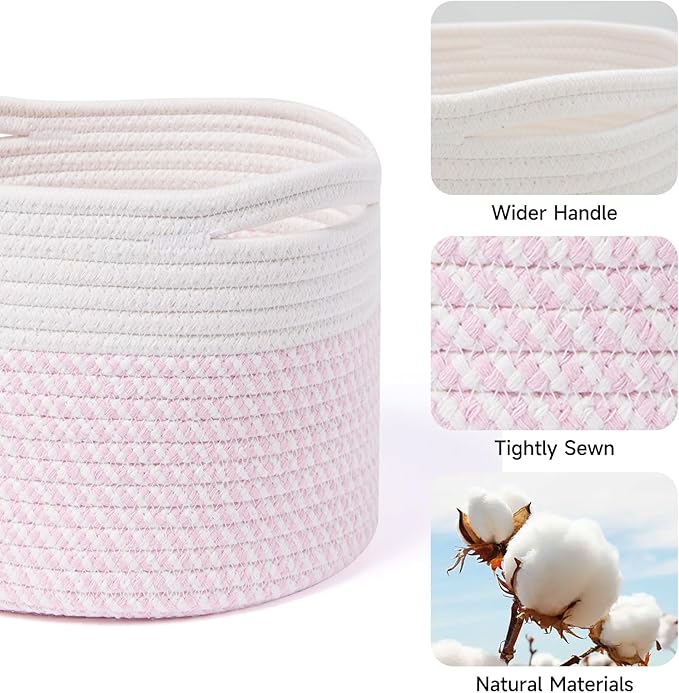 Small Basket for Organizing | Cube Shelf Closet Storage Baskets | 9.7×9.7×7.1” | Woven Rope Gift Basket | Nursery | Round 3 Packs Pink