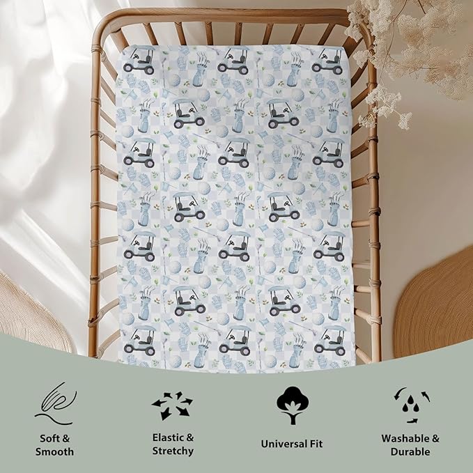 Golf Baby Crib Sheets, 28"x52", Sports, Blue, Polyester, Standard Crib