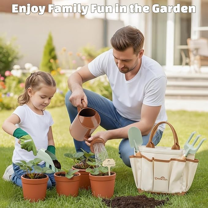 Dreamon Gardening Set Toys for Kids, Quality Garden Tool Kit Includes Tote Bag, Gloves, Shovel, Rake, Cultivator, Watering Can, STEM Learning Outdoor Gifts for Kids Toddlers