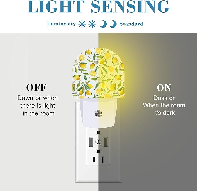Watercolor Lemon Floral Night Light Plug into Wall with Dusk to Dawn Sensor Cute Nightlight for Kid Girls Boys Women Men Room Decor, Hallway, Kitchen, Bathroom, Nursery, Stairs
