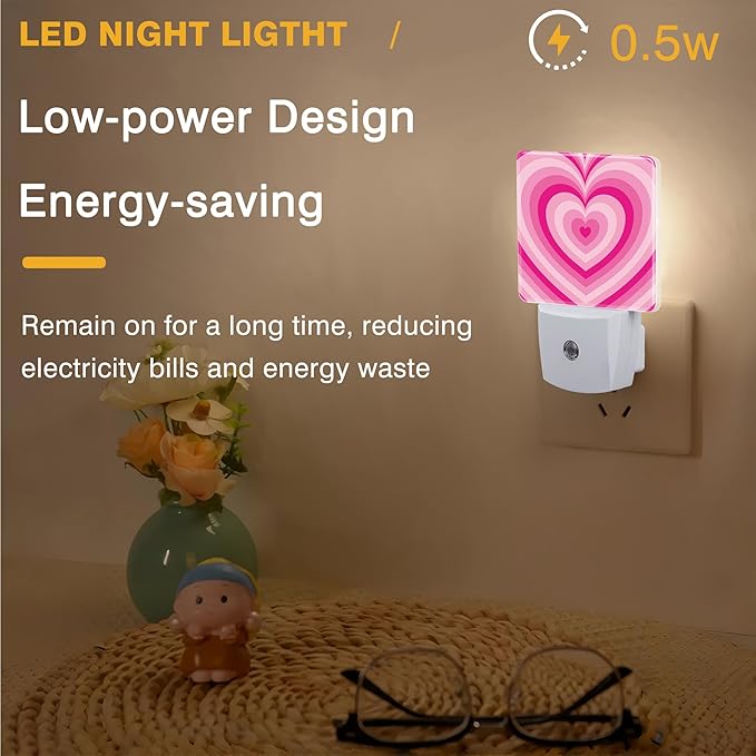 Night Light Pink Heart Night Lights Plug into Wall Smart Dusk to Dawn Sensor 0.5W Energy Efficient Led Lamp for Men Women Bedroom Bathroom Hallway Stairway Decor