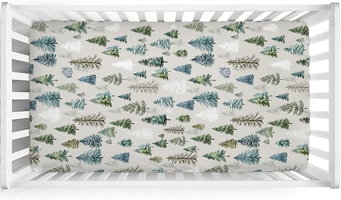 Boho Green Trees Baby Crib Sheet 52''x28'' Retro Pine Trees Stretchy Fitted Crib Mattress Cover for Boy Girl Winter Holiday Soft Baby Bed Sheets for Standard Crib and Toddler Mattresses