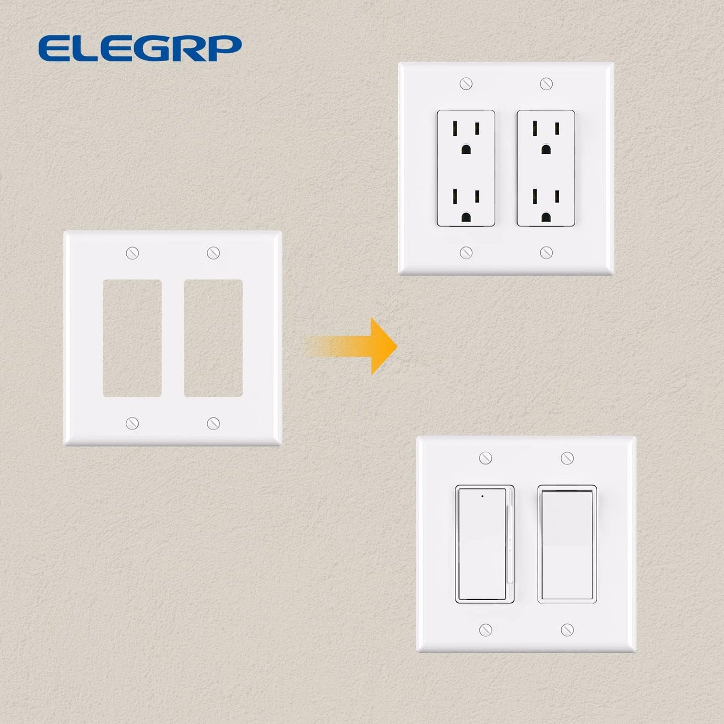 ELEGRP 2-Gang Decorative Wall Plates, Mid-Size 4.88" H x 4.94" L Unbreakable Thermoplastic Faceplate Cover for Decorator Receptacle Outlet Switch, UL Listed (10 Pack, Glossy White)