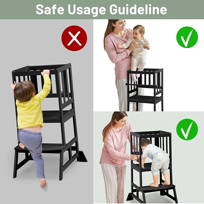 COSYLAND Toddler Standing Tower - Adjustable Height Toddler Kitchen Stool Helper - Kids Kitchen Step Stool for Learning with Removable Safety Railing Black