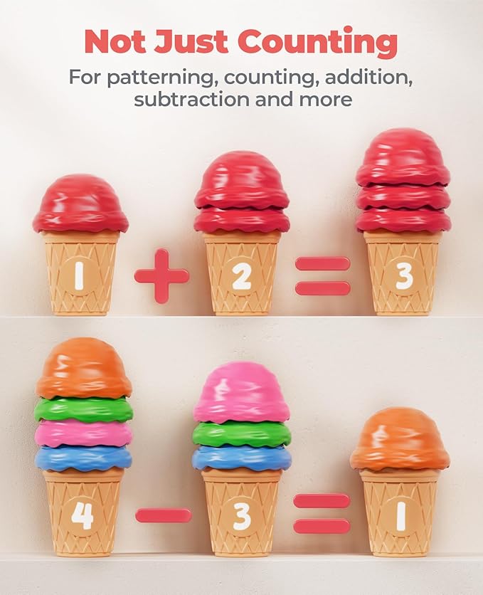JoyCat Ice Cream Preschool Learning Activities Counting and Color Sorting Set Stacking Toys for Kids 1-5, Educational Fine Motor Skills Toys, 30PCS Math Manipulatives Learning Food Toys