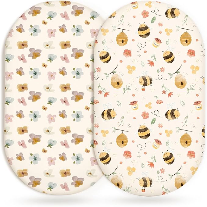 Bassinet Sheets for Baby Girls Boys 2 Pack, Fitted Baby Mattress Sheet for Rectangle, Oval, Hourglass Bassinet Mattress, Breathable Cozy & Universal Fit (Bee Happy)