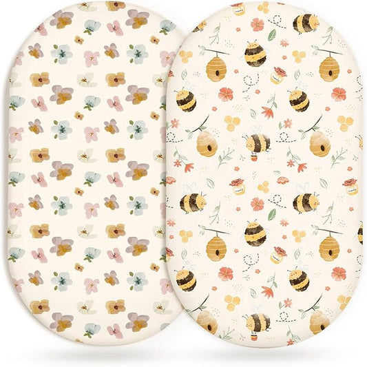 Bassinet Sheets for Baby Girls Boys 2 Pack, Fitted Baby Mattress Sheet for Rectangle, Oval, Hourglass Bassinet Mattress, Breathable Cozy & Universal Fit (Bee Happy)