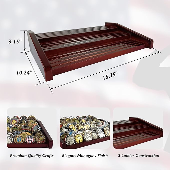 12 Rows Military Challenge Coin Holder Display Case Holds 90-100 Coins, Solid Wood Army Coin Rack Display Stand for Desktop, Mahogany