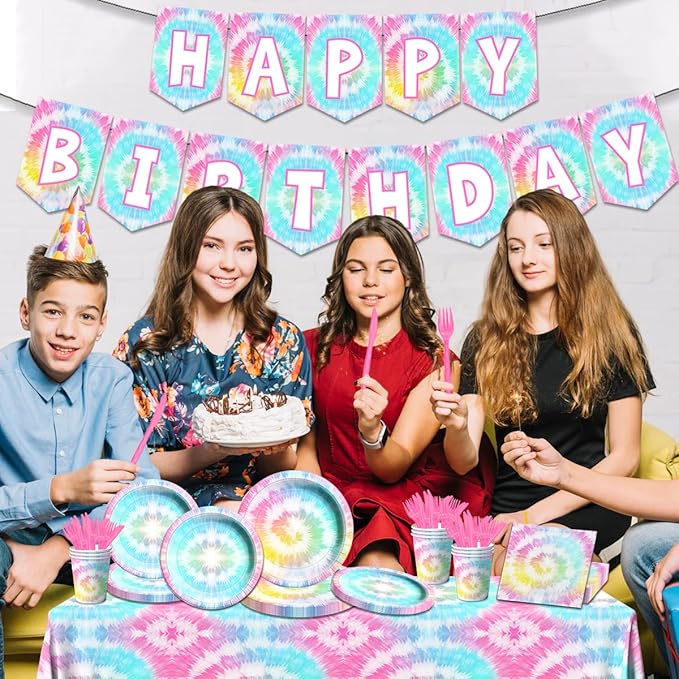 142Pcs Tie Dye Birthday Party Decorations,Colorful Birthday Party Supplies Tableware Includes Tie Dye Plates and Napkins,Cups,Tablecloth,Happy birthday Banner, Serve 20