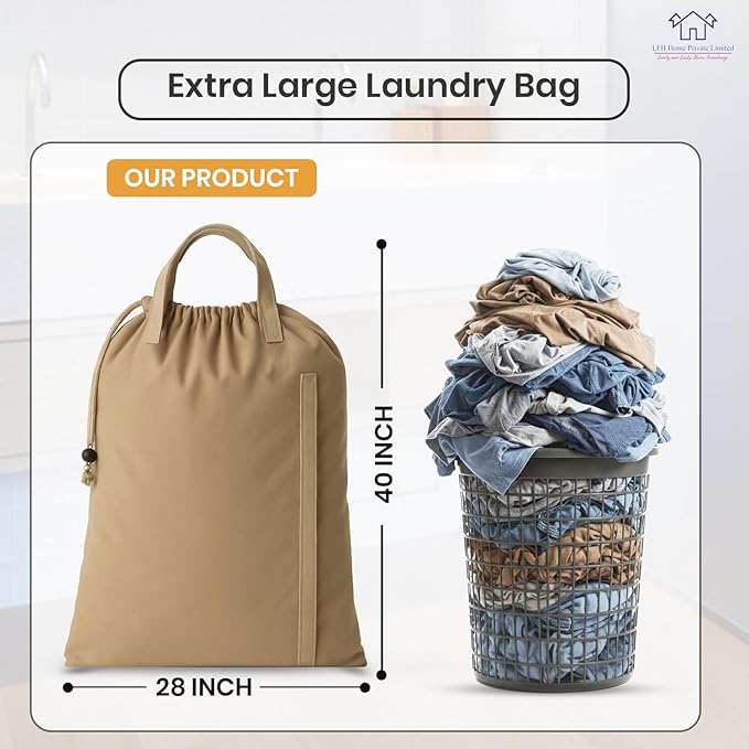 LFH Home Cotton Canvas Large Laundry Bag with Handle, Heavy Duty Drawstring Closure Washable Laundry Bags, School Travel, Home, Hotel, College Dorm, Organizer Sack, Toys Clothes 28x40-Beige