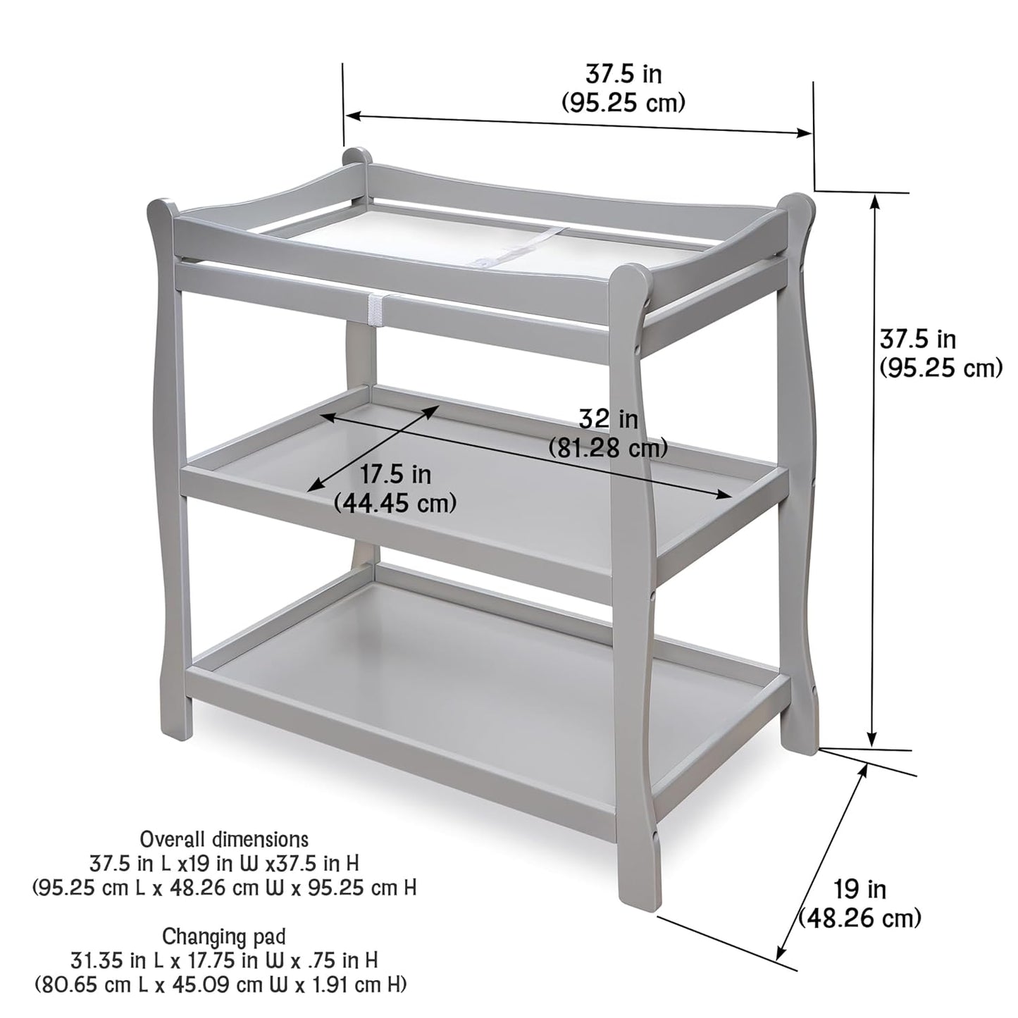 Badger Basket Sleigh Style Baby Changing Table - Nursery Diaper Station with Safety Rails, Foam Pad, and Two Storage Shelves - Nursery Organizer - Gray