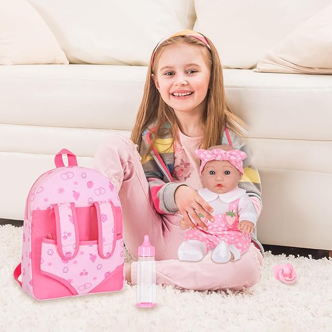 DONTNO 12" Baby Doll with Backpack Carrier in Gift Box,12 Inch Realistic Baby Dolls with Clothes and Accessories,Toy Pretend Play Collection for 3+ Child Girls Gifts