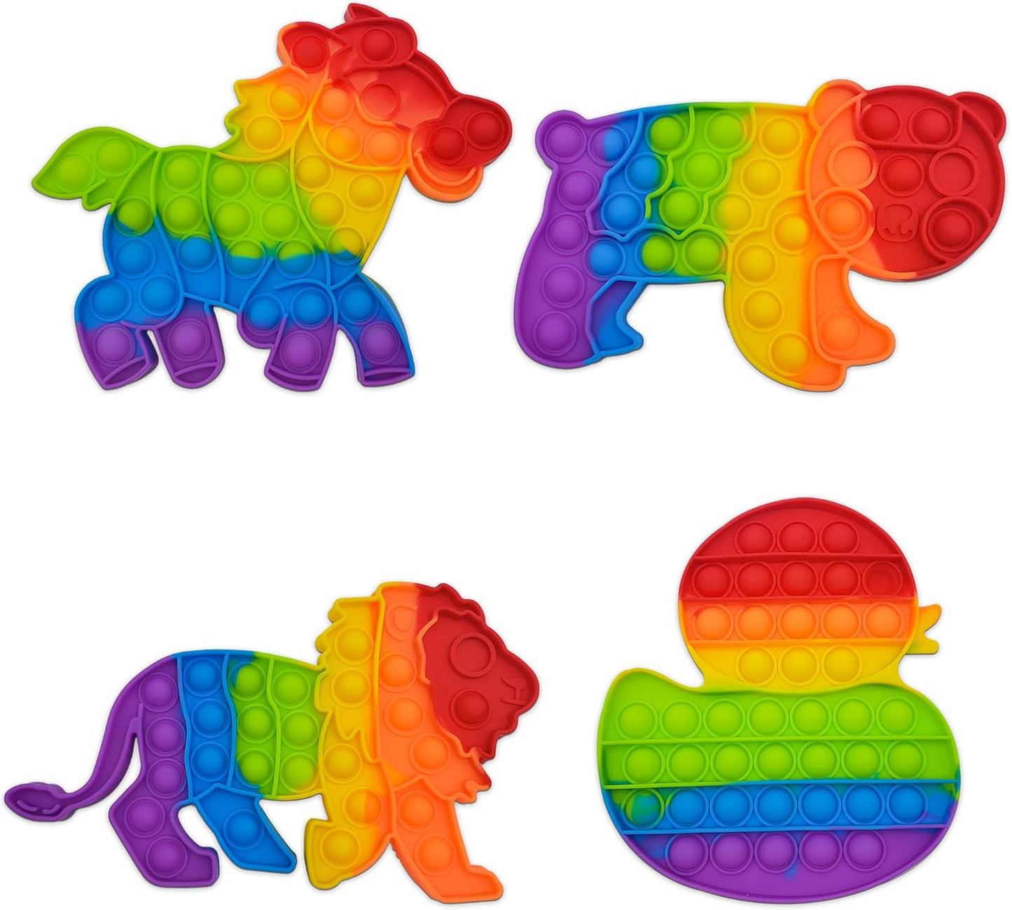 Animals Pop Fidget Toys Set, Silicone Rainbow Dinosaur Popper Fidget Set for Children, Sensory Squeeze Toys Stress Reliever Tool for Kids Adult ADHD Lion, Tiger, Horse and Duck 4 Pack