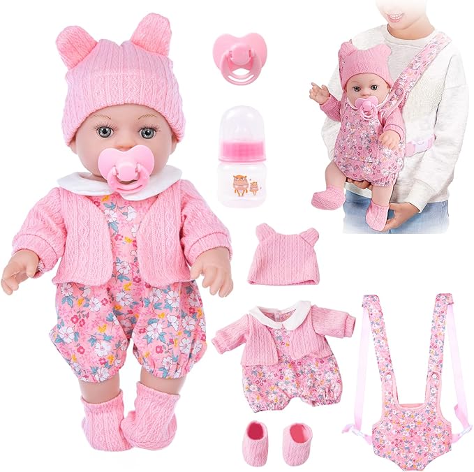 12" Baby Doll Set with Clothes and Baby Carrier for Dolls Reborn Baby Doll Accessories Include Feeding Bottles Nipple Toy Stuffs for Kids Age 3+