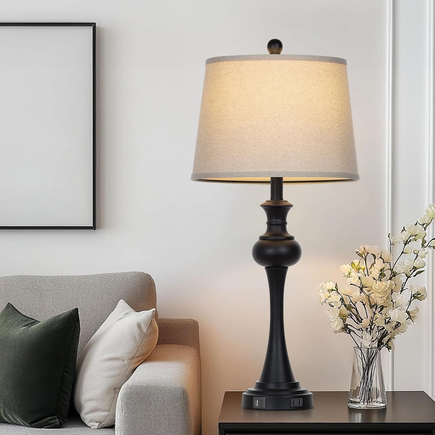 28.75" Black Table Lamps Modern 3-Way Dimmable Bedside Lamp with USB A+C Ports & AC Outlets for Living Room Bedroom Nightstand Lamp,Beige Fabric Shade Mid Century Accent Style
