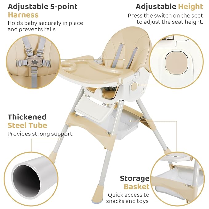 6-in-1 Foldable Baby High Chair for Babies & Toddlers – Adjustable Height & Recline, 5-Point Safety Harness, Removable Tray | Portable Highchair, Space-Saving & Easy Clean | Silla de Comer para Bebé