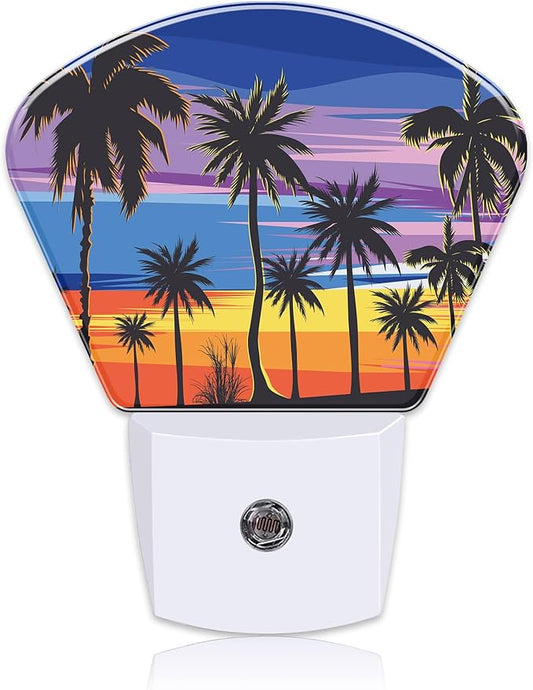 Tropical Palm Tree Night Light Plug into Wall, Sunset Beach Night Light with Dusk to Dawn Sensor for Kid Girls Boys Women Men Bedroom, Hallway, Kitchen, Bathroom, Stairs Decor